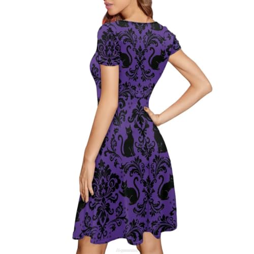 Image of POLERO Women Puffy Swing Elegant Party Midi Dresses Short Sleeve Round Neck A-Line Dress
