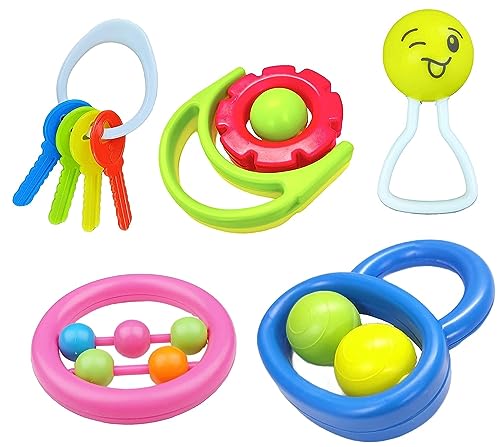 Image of Babify BPA-Free Non Toxic Colorful Plastic 4 Shake & Grab Rattles & 1 Soothing Key Teether for Babies & Infants, Early Age Toys for New Borns (Set of 5, Multicolor)