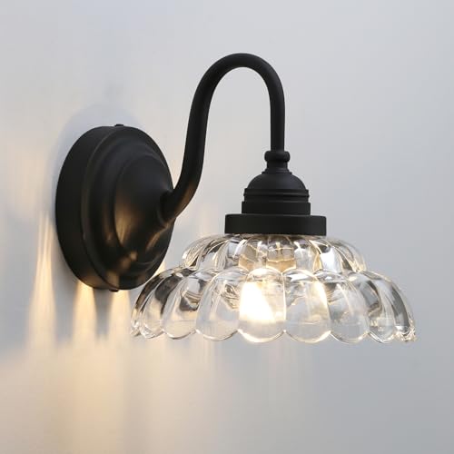 Image of Phansthy Antique Brass Wall Sconce Hardwired, Gooseneck 1-Light Single Vanity Wall Light with Umbrella-Shaped Clear Glass Shade, Wall Lamp for Bedroom Bedside Kitchen Hallway (Black)