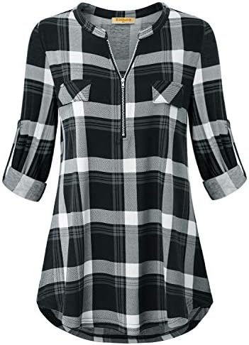 MIXJOY Baikea Women’s 3/4 Sleeve V Neck Plaid Shirt Casual Tunic Blouse with Chest Flaps