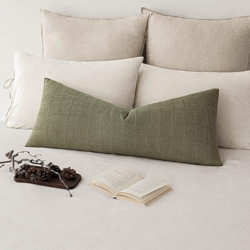 Image of Foindtower Set of 1 Decorative Linen Check Throw Pillow Cover Neutral Long Body Lumbar Cushion Cover Farmhouse Vintage Boho Home Decor for Sofa Chair Couch Bedroom Living Room,14x36 Inch,Sage Green