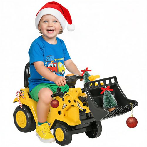 HOMCOM Ride On Excavator, Kids Bulldozer Pull Cart with Horn, Under Seat Storage, Sit and Scoot Pretend Play Toy Construction Car for Ages 18-48 Months