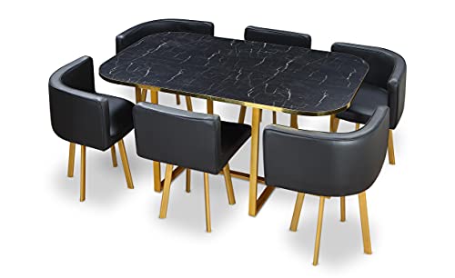 Menzzo Ensemble Table et chaises Oslo XL – Table Effet marbre Noir & chaises Simili Noir – Ensemble Salle à Manger 6 Personnes – Structure métal doré
