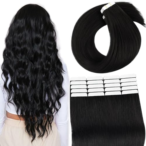 Lovrio Tape in Hair Extension Real Human Hair Jet Black Silky Straight Glue in Remy Human Hair Extension Invisible Double Side Skin Weft Tape ins #1 Black Hair Tape in 18