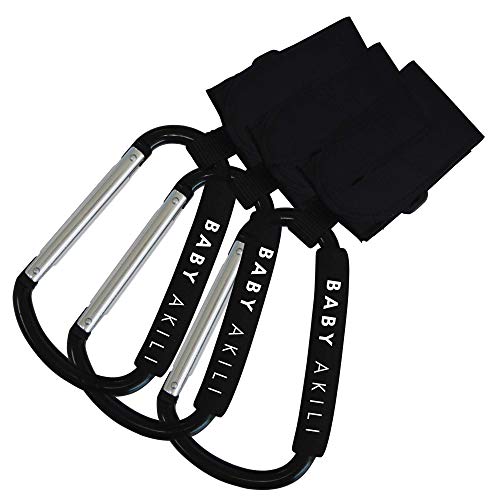 Image of Extra Large Stroller Hooks with Straps by Baby Akili, 3 Pack - Stroller Accessory for Hanging Shopping/Diaper Bags and Purse