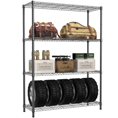 IZEUK 1400 LBS Garage Black Shelving Wide Storage Shelves 4 Tier Adjustable Heavy Duty Metal Wire Rack Standing Shelf Unit for Kitchen Office College Dorm Garage Warehouse 15.8″ x 45.8″x 59.4″