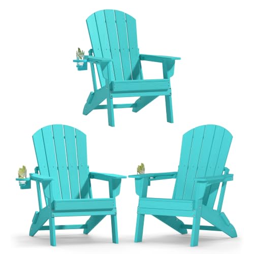 Image of Plawdlik Folding Adirondack Chair Set of 3, Cup Holder, Aruba Blue | pin-free folding, 38-in tall back, Wood-grain All-weather HDPE; for fire pit, poolside, deck, backyard, patio