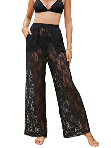 Femmes Voir à Travers Maille Pantalon de Plage Sexy Dentelle Transparente Crochet évider Bikini Bas Maillot de Bain Jambe Large Couvrir Pantalon Transparente à Taille Haute Cover