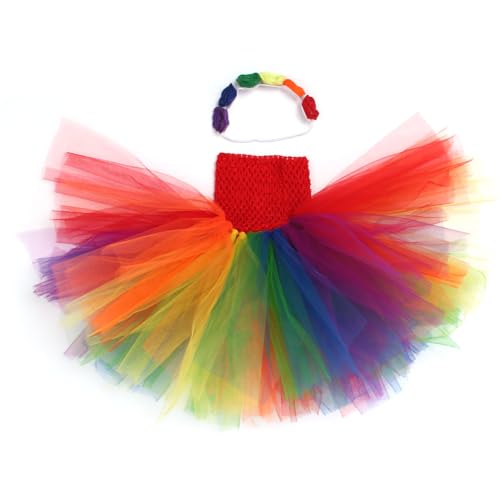 Surakey Layered Tulle Rainbow Tutu Skirt with Headpiece for Newborn Baby Girls 1st -10st Birthday Photography Outfit Sets