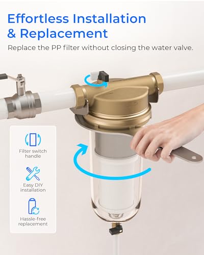 Waterdrop Mega Spin Down Sediment Filter, Reusable Whole House Water Filter System for City Water, Backwash Sediment Water Filter System, 100 Micron+5 Micron PP Filter, 1" MNPT + 3/4" FNPT, BPA Free