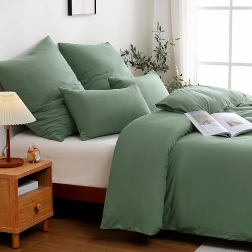 ATsense Bettwäsche 155x220 Baumwolle 2teilig, Stonewashed Bettwäsche-Sets Grün Ähnlich wie Leinen, Oeko-TEX, Hypoallergen und Atmungsaktiv… – Ansicht 2