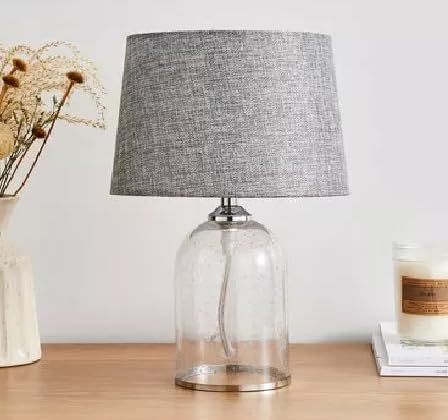 Sales Today Interiror Modern Clear Glass Bedside Table Lamp with Chrome Metal Detailing & Natural Faux Linen Grey Drum Shade (Small (32 x 21cm))