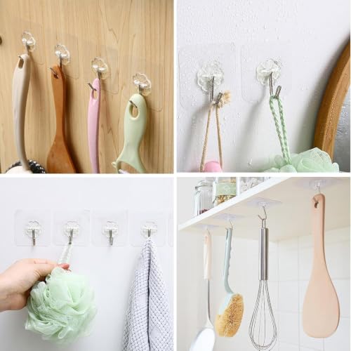 Image of KONVIO NEER Self Adhesive Wall Hanging Screw Hooks Heavy Duty Hanging Sticky Hooks for Kitchen, Bathroom, Decoration |Nail Free, Transparent Wall Screw Hooks (Flower Hooks, 20 Pack)