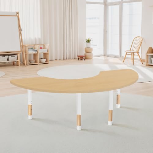 Image of Factory Direct Partners 36 inch x 72 inch Half Moon Kids Classroom Table with Adjustable Chunky Wood Legs
