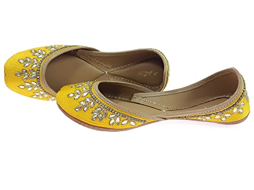 Image of Fulkari Women's Dolli Gold Genuine Soft Leather Embroidered Jutis | Bite and Pinch Free Jutti | Punjabi Formal Juttis | Girl's Wedding Flat Ladies Mojari | Formal Ethnic Juti |