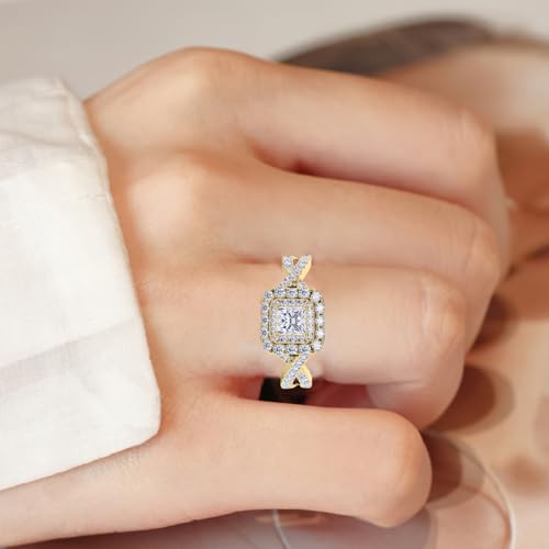 1ct Center Princess Cut Halo Moissanite Engagement Wedding Rings 10K 14K 18K Solid Gold Engagement Wedding Promise Moissanite Valentines Rings with Engraving Gifts for Her4