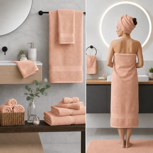 Image of Sulfar 100% Combed Cotton, 6 Pcs Towel Set - 2 Bath Towels (70 x 140 cm), 2 Hand Towels (40 x 70 cm) and 2 Face (30 x 30 cm) (600 GSM, Pack of 6) Tender Peach