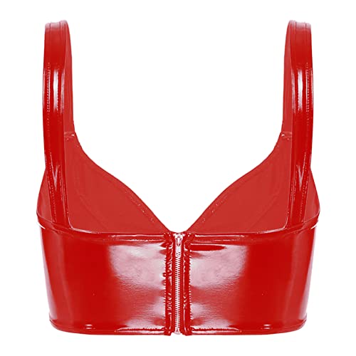 Hularka Women's PVC Shiny Leather V-Neck Vest Crop Top Wide Shoulder Straps Party Clubwear Rave Tops Red Large - Image 3