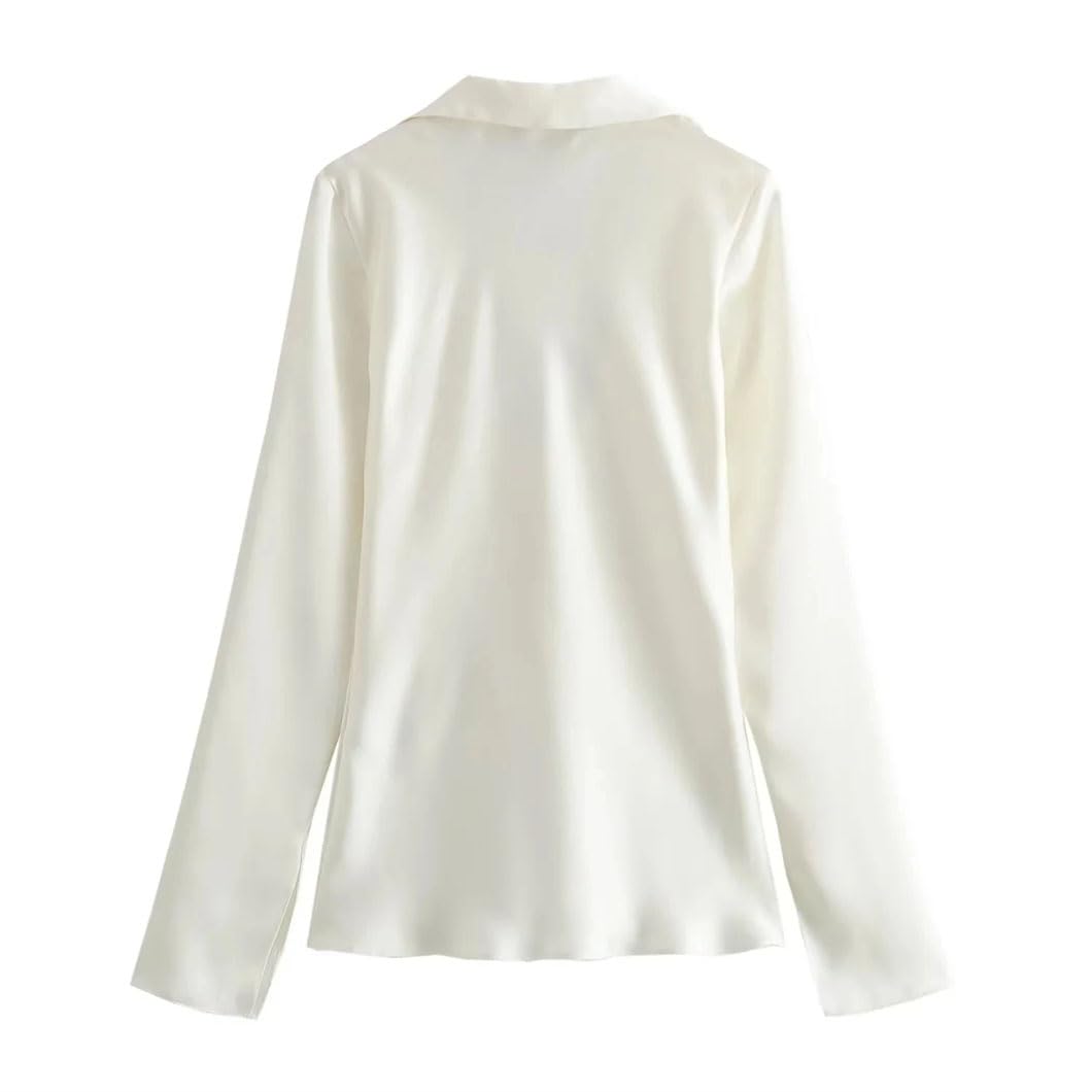 Blusas de satén con solapa para mujer, manga larga, lazo, con cordones, casual, ajustada, cuello en V, ropa de calle