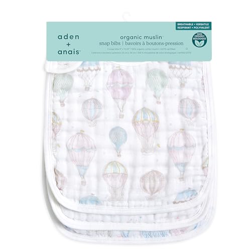 aden + anais 100% Cotton Muslin Snap Bib – Super Absorbent, Soft 3-Layer Baby Bib for Boys & Girls with Adjustable Snap-Closure for Teething, Eating, Drooling, 3-Pack, Above the Clouds