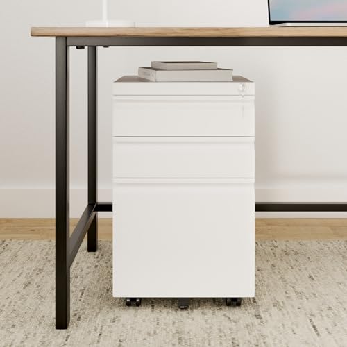 Image of DEVAISE 3 Drawer Mobile File Cabinet with Lock, Under Desk Metal Filing Cabinet for Home Office /Legal /Letter /A4 File, Fully Assembled Except Wheels, White