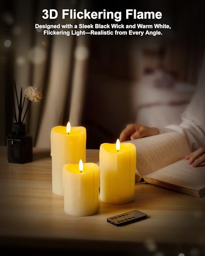 Image of Ivory Flameless Candles with Remote and Timer, Real Wax Made Wax Drip LED Pillar Candles Battery Operated with 3D Flickering Flame Melted Top - 3 inch x 4 inch,5 inch,6 inch - Set of 3
