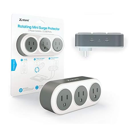 Atomi Rotating Mini Surge Protector - 3-Outlet Surge Protector, Wall Charger, Rotating Power Strip, Outlet Extender, Adapter, 2 USB Charging Ports - White Cover