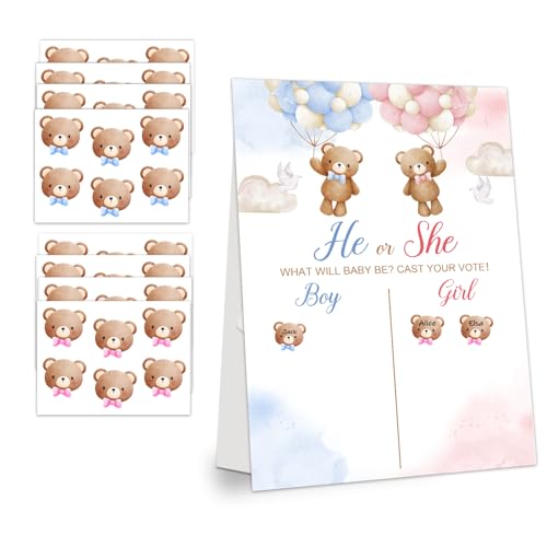 Gender Reveal Party Games, Orso Tema Baby Gender Reveal Consiglio di Votazione Segno, 48 Adesivi Votanti Ragazzo Ragazza Lui o Lei, Baby Gender Reveal Party Decoration Giochi per Ragazzo o Ragazza
