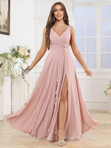 Image of BOLENSYE Bridesmaid Dresses Long Ruched Ruffles Chiffon A Line Evening Party Gown with Pockets Slit