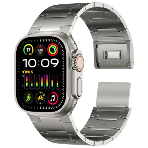 ACESTAR 100% Pure Full Titanium Band Compatible with Apple Watch Ultra / Ultra2 Band 49mm, 26mm Wide Adjustable Titanium Links with Titanium Magnetic Clasp Titanium Connectors and DLC Coating