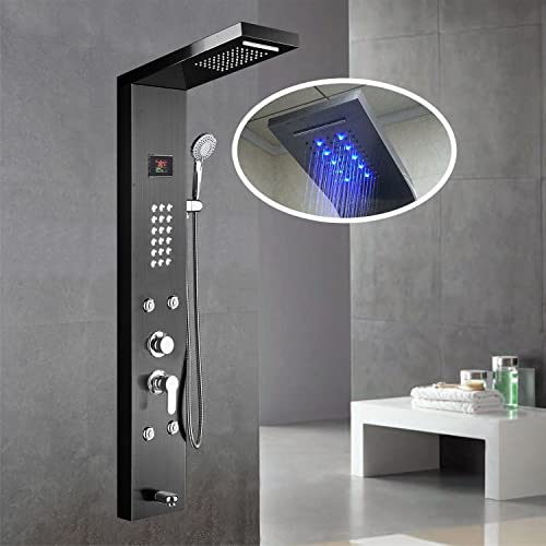 Sistema de torre de panel de ducha con cabezales de ducha LED de lluvia y cascada, ducha de mano y 4 chorros, construcción de acero inoxidable 304