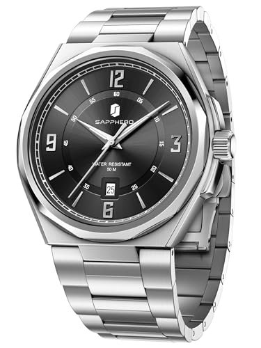SAPPHERO Herrenuhren mit arabischen Ziffern, Quarz-Armbanduhr, 50 m wasserdicht, Leuchtziffern, Herrenuhr, Arbeitsuhr, Sportuhr, Freizeit- und Abenduhr mit Edelstahlarmband