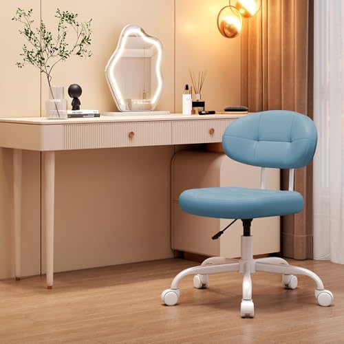 Image of Misolant Vanity Chair with Back, Small Armless Cute Office Chair with Wheels and Lumbar Support, Comfy PU Leather Desk Computer Chairs with Adjustable Height, 360Swivel for Home Bedroom Office, Blue