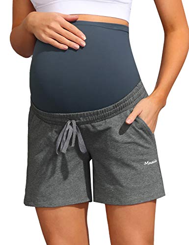 Maternity Athletic Shorts Elastic Waist Drawstring Pockets Dark Heather Gray L #TOP19