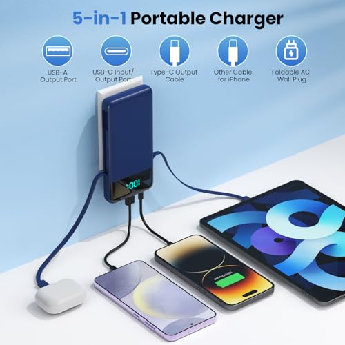 Image of Portable Charger for iPhone,13800mAh Slim Power Bank with Built-in Cables & AC Wall Plug,All in One 4 Outputs USB C Fast Charging Battery Pack Travel Essential for iPhone 17 /16 /15 /14,Android (Blue)
