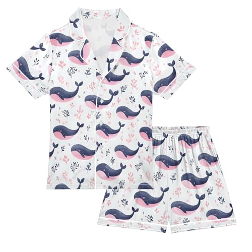 Cute Charming Whale Pattern Summer Satin Pajama Set, Cute Button-Down Sleepwear Pj Set for Sleep Wears