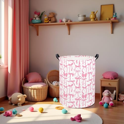 Image of Baby Laundry Basket Kids Hamper Toy Storage Bin for Boys Room Decor Baby Nursery Hamper Gift Baskets for Bedroom Bathroom(Pink Bowknot)