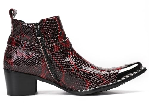 Santimon Cowboy Boots for Men Disco Party Red Dress Casual Leather Metal Square Toe Snakeskin Texture Chelase Boots Mens Fashion Ankle Western Boots for Boys3