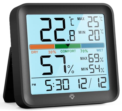 NOKLEAD Thermomètre numérique Hygromètre intérieur : Compteur d'humidité de température précis, grand 9.4cm LCD, Dossier Max&Min, rétro-éclairage, heure, date, adapté pour la salle de bébé à domicile (1, Noir, 8.9 * 8.6 * 2.4cm)