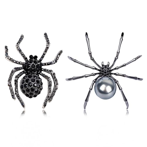 Image of 2 Pcs Spider Brooch Pins Set for Women Men With Faux Pearl Halloween Black Crystal Rhinestone Spider Brooch Pin Unisex Witch Jewelry For Halloween Costume Party Decoration Accessories Gift