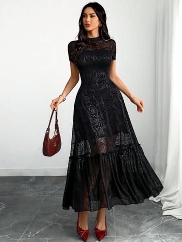 GothDark Womens Elegant Vintage Floral Lace Dress Short Sleeve Double Layer Gothic Midi Wedding Guest Cocktail Dresses3