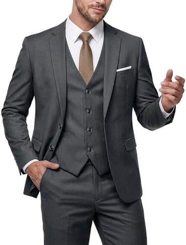 MY'S Men's 3 Piece Slim Fit Suit Set, 2 Button Blazer Jacket Vest Pants with Tie, Solid Wedding Dress Tux and Trousers