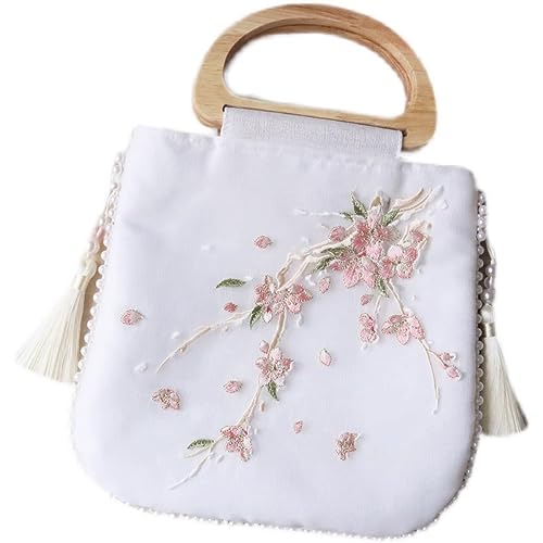 Sac à main qipao broderie fleur de pêcher blanc en satin pour tenue hanfu