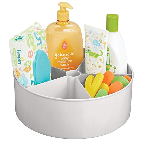 mDesign Deep Plastic Lazy Susan Turntable Storage Tray - Divided Spinning Organizer for Nursery/Kid's Room - Store Lotions, Wipes, Diapers, Baby Shampoo - 5 Sections - Light Gray
