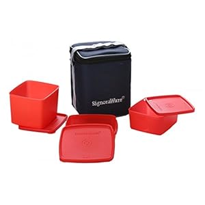 Signoraware Director Special Plastic Lunch Set with Bag, 1.7 Litre, Set of 3, Red
