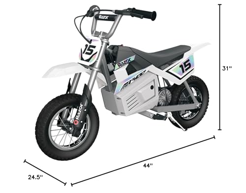 Razor MX400 Dirt Rocket Electric Bike for Kids Ages 8+, 140 lb Max Weight, White &ndash; 24V Battery, Up to 14 Mph, 30-Min Ride Time on High Speed, Twist-Grip Throttle, Spoked Wheels w/ 12&rdquo; Pneumatic Tires