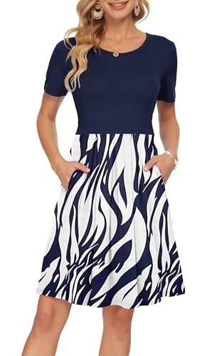 Image of AUSELILY Women's Short Sleeve Pleated Swing Summer Dress with Pockets | Knee-length short sleeve dress, empire waist & pockets, ideal for casual daily wear and vacation