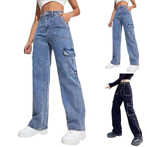 Jean cargo droit taille haute pour femme coupe boyfriend
