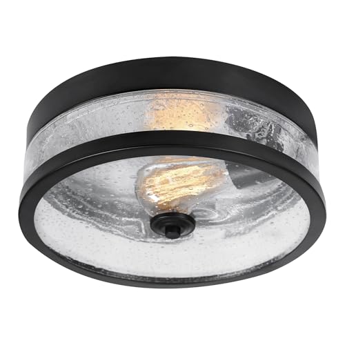 GLOBE Electric 69999 1-Light Flush Mount Ceiling Light, Dark Bronze, Seeded Glass Shade, Bedroom Lighting Fixtures Ceiling, Dining Room Fixture, Timeless, Lighting for Hallway or Dining Room