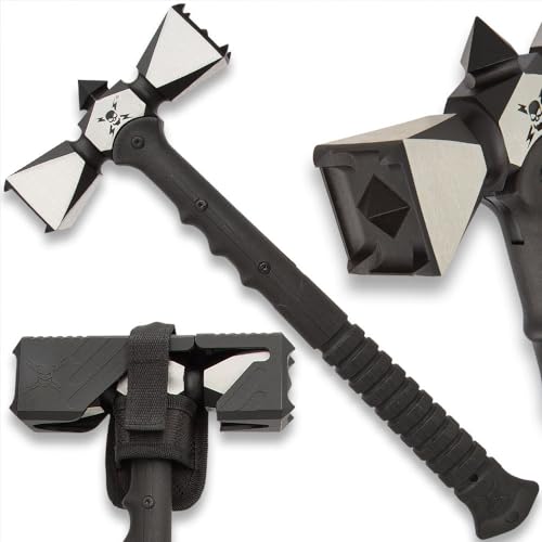 M48 Double-Headed War Hammer with Sheath - 2cC13 Stainless Steel Head, Grooved Injection Molded Handle, Skull Crusher – Vicious War Hammer for Modern Users - 17” Overall